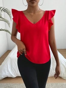 SHEIN Privé Women's V-Neck Ruffle Hemline Decor Blouse - Red - View 3