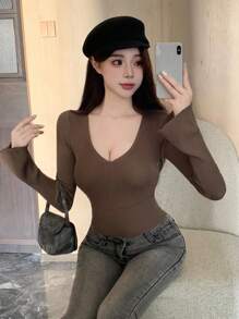 DAZY Slim Fit Solid Color V-Neck Women's Sweater With Long Sleeves,Fall Clothes - Brown - View 7