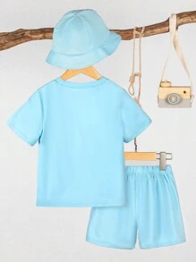 SHEIN Young Boys' Face Print Short Sleeve T-Shirt And Shorts Set - Blue - View 2