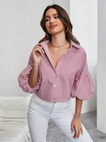 SHEIN Privé Ladies' Vertical Stripe Lantern Sleeve Blouse For Valentine'S Day, Dating , Parties And Summer Holiday - Red - View 3