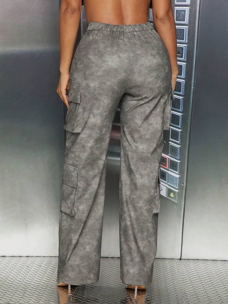 Flap Pocket PU Leather Cargo Pants
