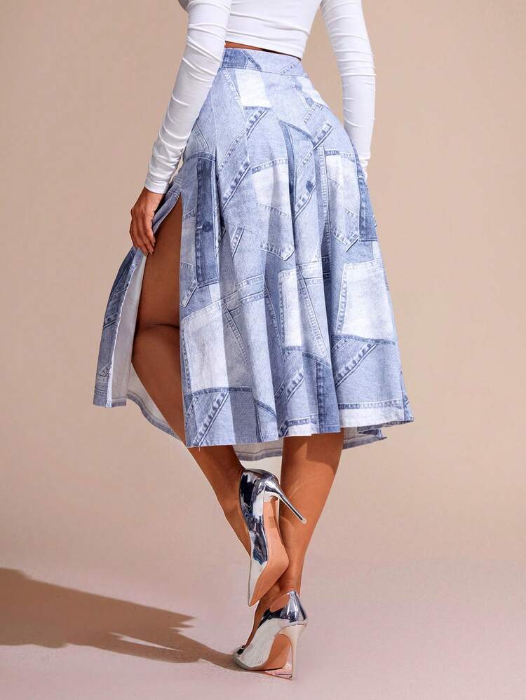 Women's Printed Patchwork Denim Skirt With Slit