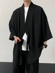 Manfinity Hypemode 男士纯色落肩袖衬衫，宽松短衬衫纯黑色都市日式风格男友礼物 - 黑色 - 查看 7