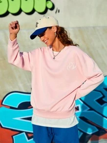 SHEIN Sports Women's Heart Pattern Round Neck Drop Shoulder Sports Sweatshirt - Baby Blue - View 10