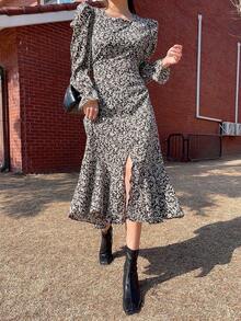 DAZY 女士花卉印花人魚裙,側邊高分裂 - 黑色 - 查看 8