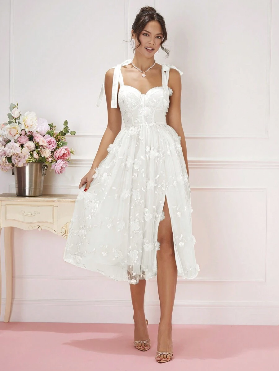 Enchnt 女士網紗連衣裙,肩上帶花和打結 - 白色 - 查看 1