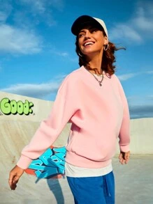 SHEIN Sports Women's Heart Pattern Round Neck Drop Shoulder Sports Sweatshirt - Baby Blue - View 6