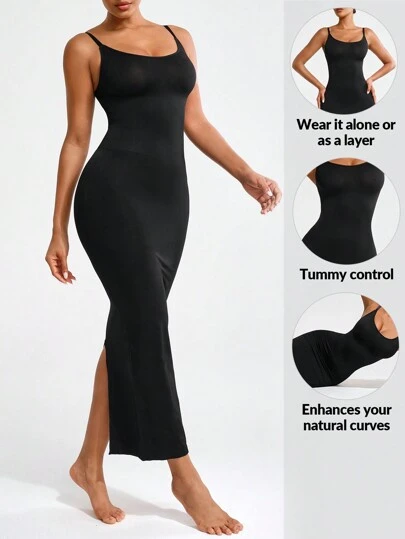 SHAPORA Kvinnors Enfärgad Smal Passform Fållen Slits Linne Klänning , Shapewear