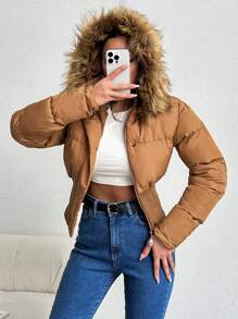 EURMUSE Fuzzy Trim Hooded Puffer Coat - Brown - View 4