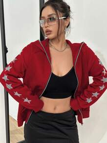 StreetHx Áo nỉ có mũ với họa tiết đính đá hình ngôi sao cho năm mới, áo nỉ dài tay mùa thu. - Đỏ - Xem 4