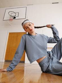 SHEIN Sports Women's Split Hem Cropped Top And Slant Pocket Pants Sportswear Set - Baby Blue - View 9