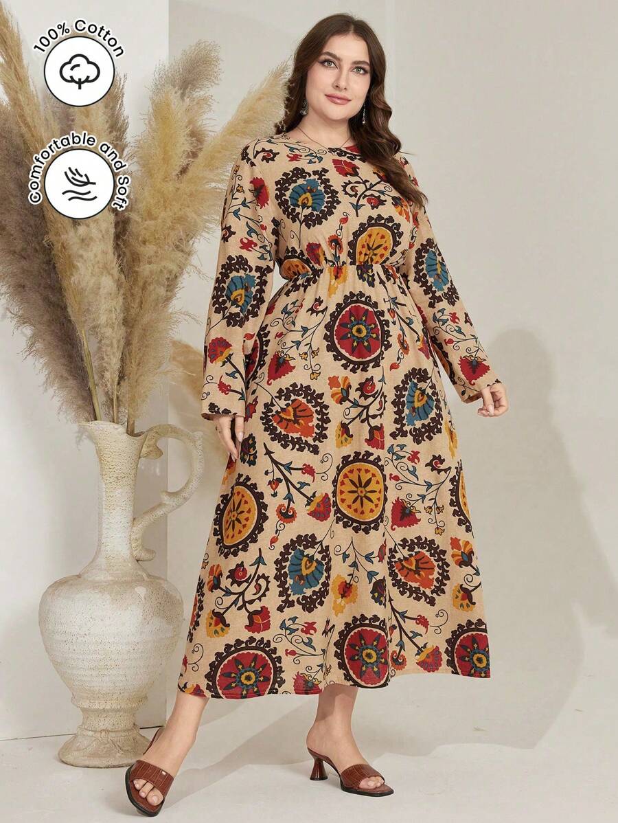 Al Najma 女士大碼花卉印花圓領長袖連衣裙 - 彩色 - 查看 1