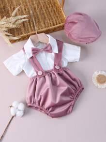 3入組新生兒攝影紳士套裝，適用於男嬰: 帶蝴蝶結襯衫、吊帶褲和帽子 - 彩色 - 查看 2