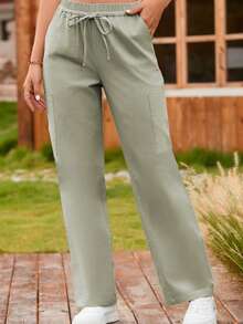 Acelitt Women's Drawstring Waist Casual Long Pants, Minimalist Style For Daily Wear - Green - View 5