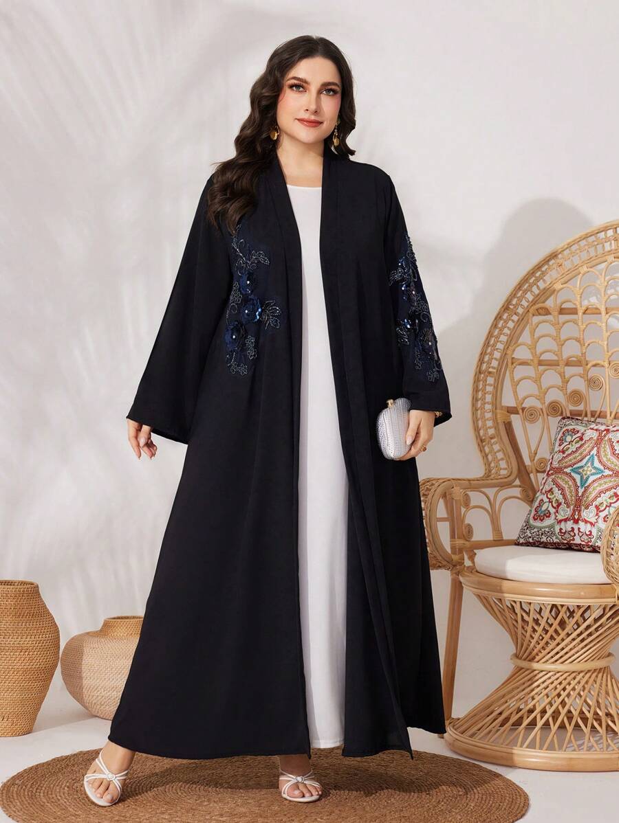 Al Najma 大尺碼女士亮片花卉圖案喇叭袖阿拉伯服裝 - 黑色 - 查看 1