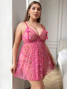 Plus Size Heart Mesh Sexy Lingerie Dress With G-String - Hot Pink - View 1