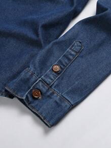 Manfinity Homme 男士翻盖口袋长袖牛仔衬衫，牛仔纽扣纯棉深蓝色工作基本款丈夫外出闲逛大学街头工作，适合秋季 - 藍色 - 查看 3