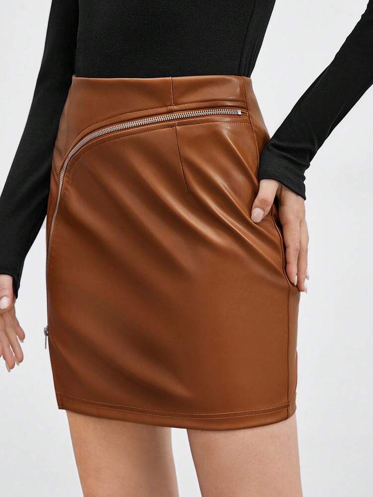 Women's Solid Color Straight Skirt With Zipper