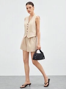 BizChic Bộ vest và quần short cài nút màu trơn dành cho nữ mùa thu/đông - Màu be - Xem 3