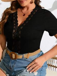 SHEIN Frenchy Áo thun tay ngắn lưới thêu họa tiết tương phản cỡ lớn cho nữ - màu đen - Xem 4