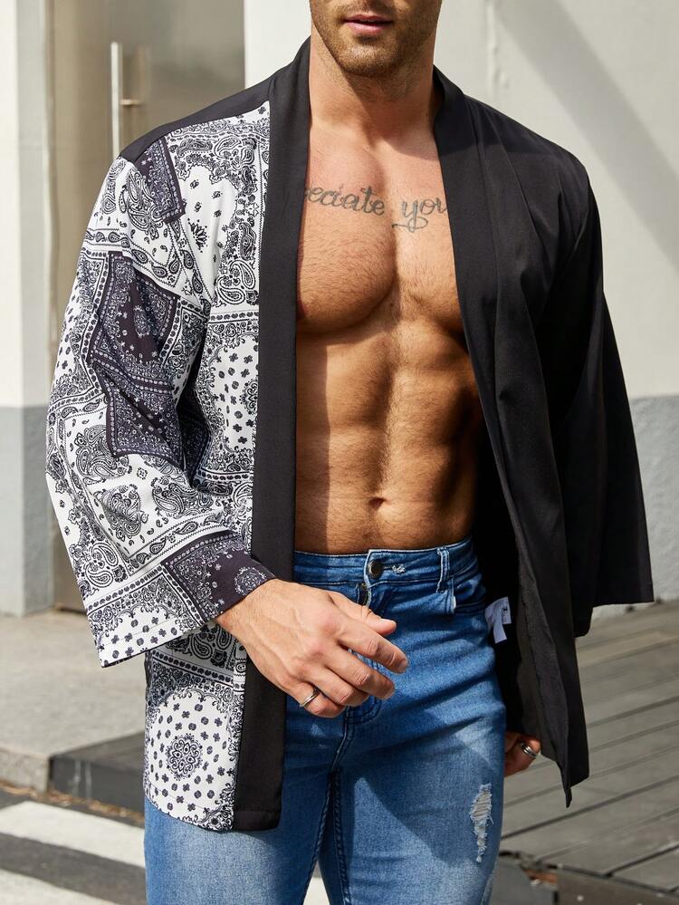 Men Plus Color Block Paisley Print Open Front Top