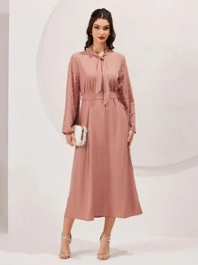 Modelyn 女士純色帶扣頸帶珍珠裝飾連衣裙 - 藕粉色 - 查看 5