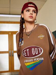Gameset SHEIN Sport Women's Raglan Long Sleeve Sweatshirt With Letter Print - Coffee Brown - View 5