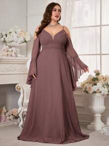 Đầm dự tiệc tay chuông trễ vai màu trơn cỡ lớn - Bụi hồng - Xem 5