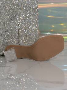 Women's Silver Metallic Charm Crystal Pumps With Dazzling Rhinestone Decoration, Transparent Chunky Heel, Ankle Strap And Open Toe Design, Perfect For Summer Beach, Parties And Wedding, Indoor And Outdoor Wear Valentines