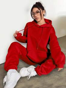 SHEIN EZwear Của phụ nữ Màu thuần Dây rút Hoodie Và Quần thể thao Hai chiếc Bộ - Đỏ - Xem 3