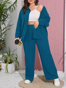 SHEIN Essnce Bộ đồ hai mảnh họa tiết sọc sóng thoải mái cỡ lớn - Màu xanh ngọc - Xem 3