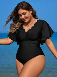 Swim Lushoire Summer Beach Plus Size Scallop Edge Decorated V-Neck Short Flare Sleeve One-Piece Swimsuit