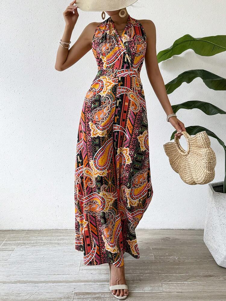 Women's Halter Neck Tie Waist Jumpsuit With Paisley Print