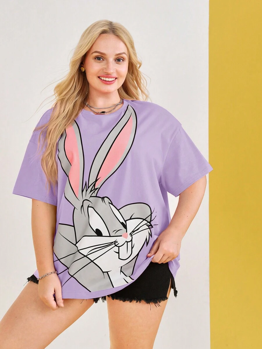LOONEY TUNES X SHEIN Plus Cartoon Print Drop Shoulder T-Shirt For Summer - Mauve Purple - View 1