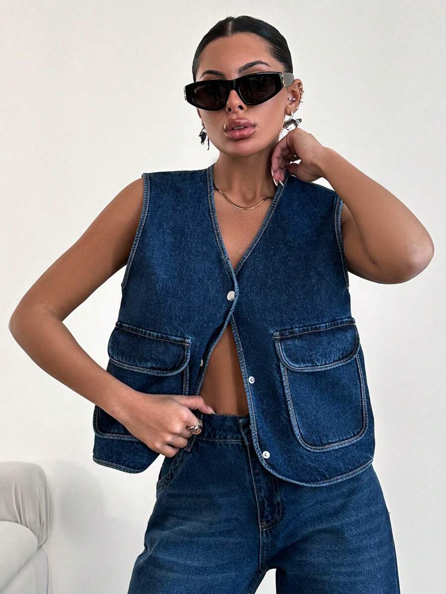 EURMUSE Women's Sleeveless Denim Top With V-Neckline, Flap Pockets And Front Opening - Dark Wash - View 1