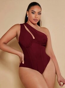 SHEIN BAE 大尺碼實色不對稱領空心網格連體衣 - 酒紅色 - 查看 1