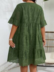 SHEIN Clasi Plus Size Embroidered Mesh Dress With Ruffle Hem - Army Green - View 2