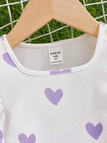 SHEIN Leap Crew Young Girls' Casual Heart Print Puff Sleeve T-Shirt - Purple - View 3