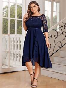 MIUSOL Vestido de fiesta con volantes, hombros descubiertos, encaje floral y mangas cortas, para fiesta, otoño, boda, graduación, cena - Azul Marino - Ver 6