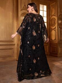 Plus Size Sequined Floral Pattern Batwing Sleeve Modest Dress