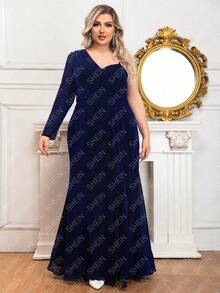 One Shoulder Long Sleeve High Slit Mother Of The Bride Dress - Navy Blue - View 1