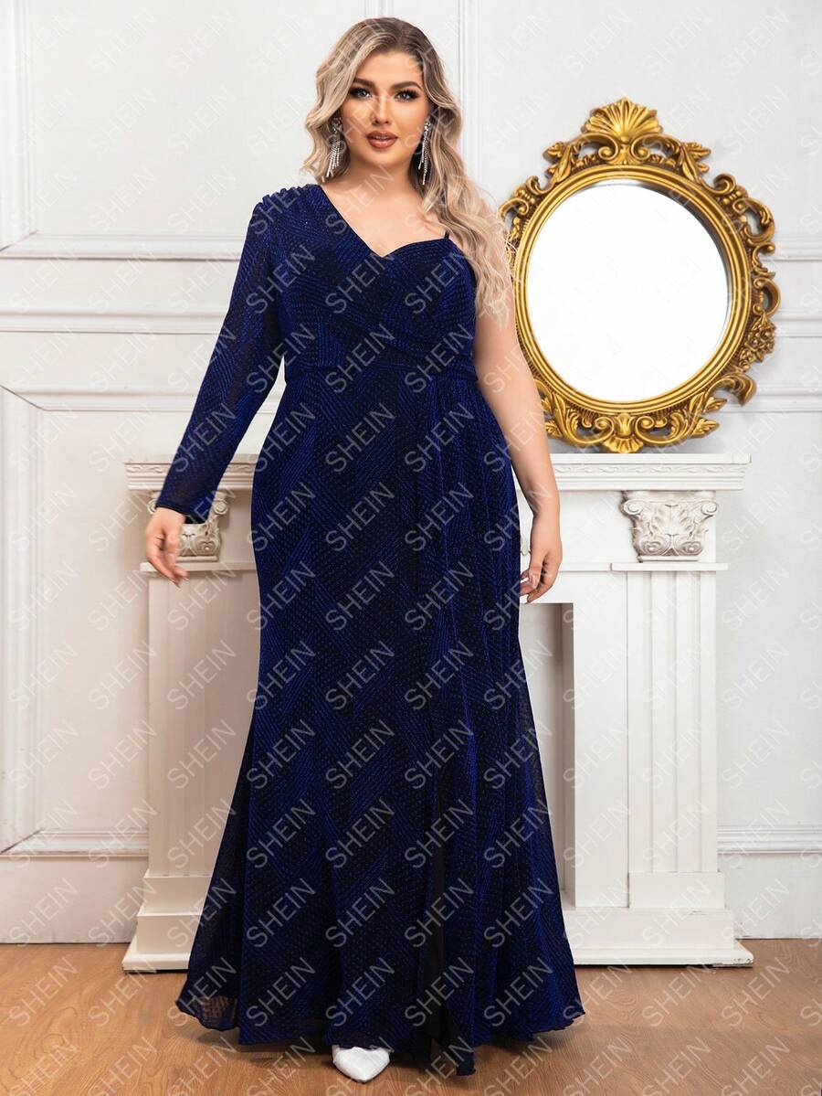 One Shoulder Long Sleeve High Slit Mother Of The Bride Dress - Navy Blue - View 1