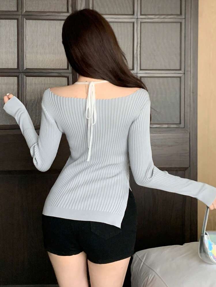 Women's Slim Fit Halter Patchwork Long Sleeve Sweater,Fall Clothes