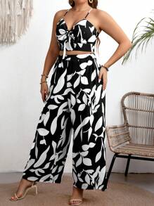 SHEIN Clasi Ensemble De 2 Pièces De Grande Taille Avec Haut De Réservoir Court Noué À L'avant Et Pantalon