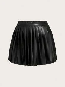 CovetEZ Plus Size Pleated Faux Leather Skirt - Black - View 1