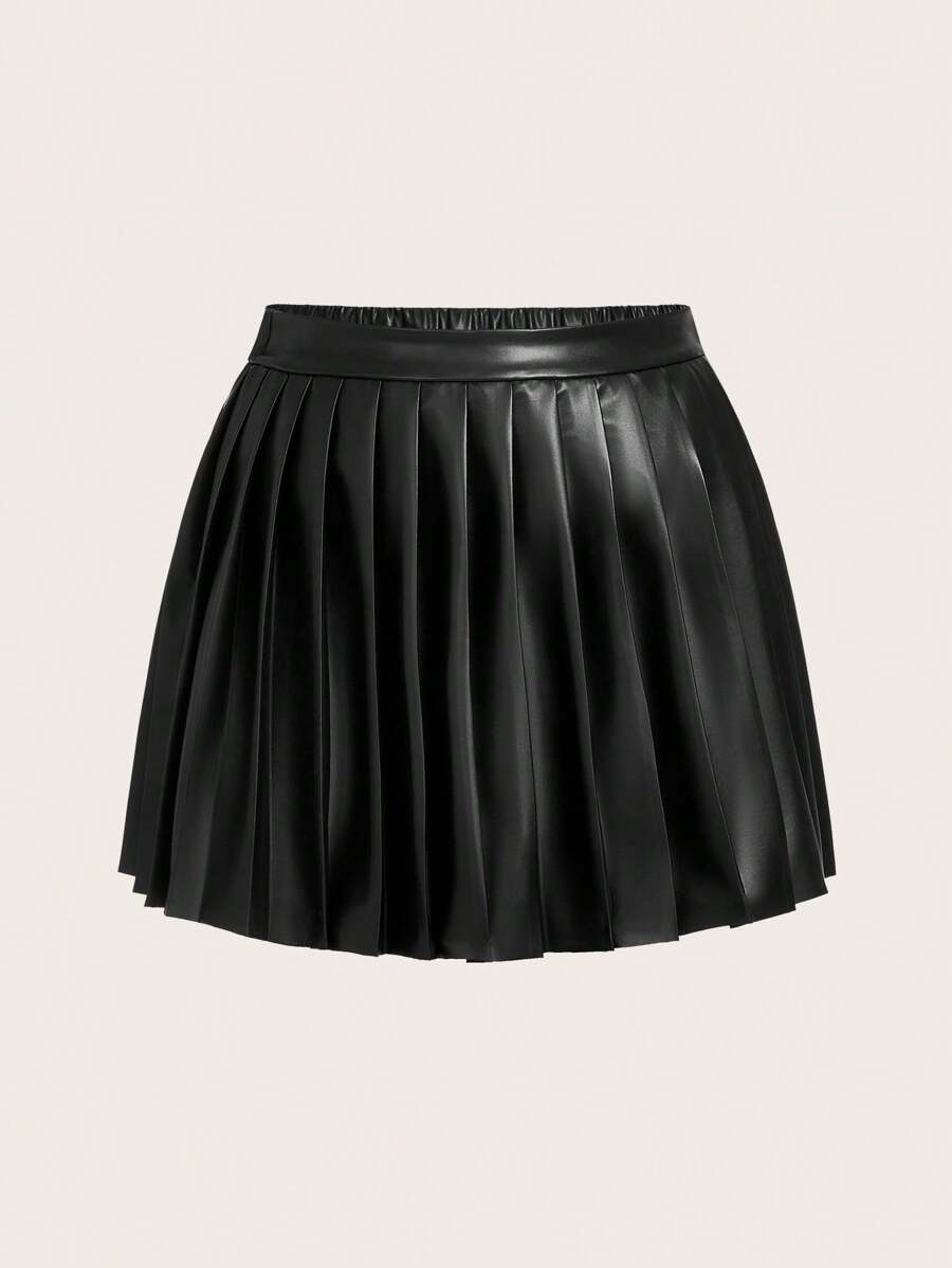 CovetEZ Plus Size Pleated Faux Leather Skirt - Black - View 1