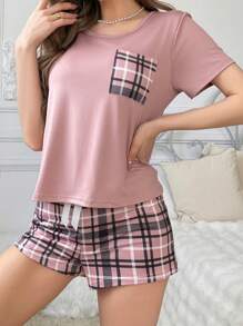 Plaid Print Patch Pocket Sleepwear Set Pajama Set With Plaid Shorts
