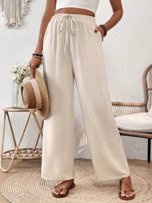 Breezaya Women's Loose Fit Straight Cut Wrinkled Texture Elastic Waist Drawstring Spring And Summer Pants Fall Cloth For Women - Apricot - View 1