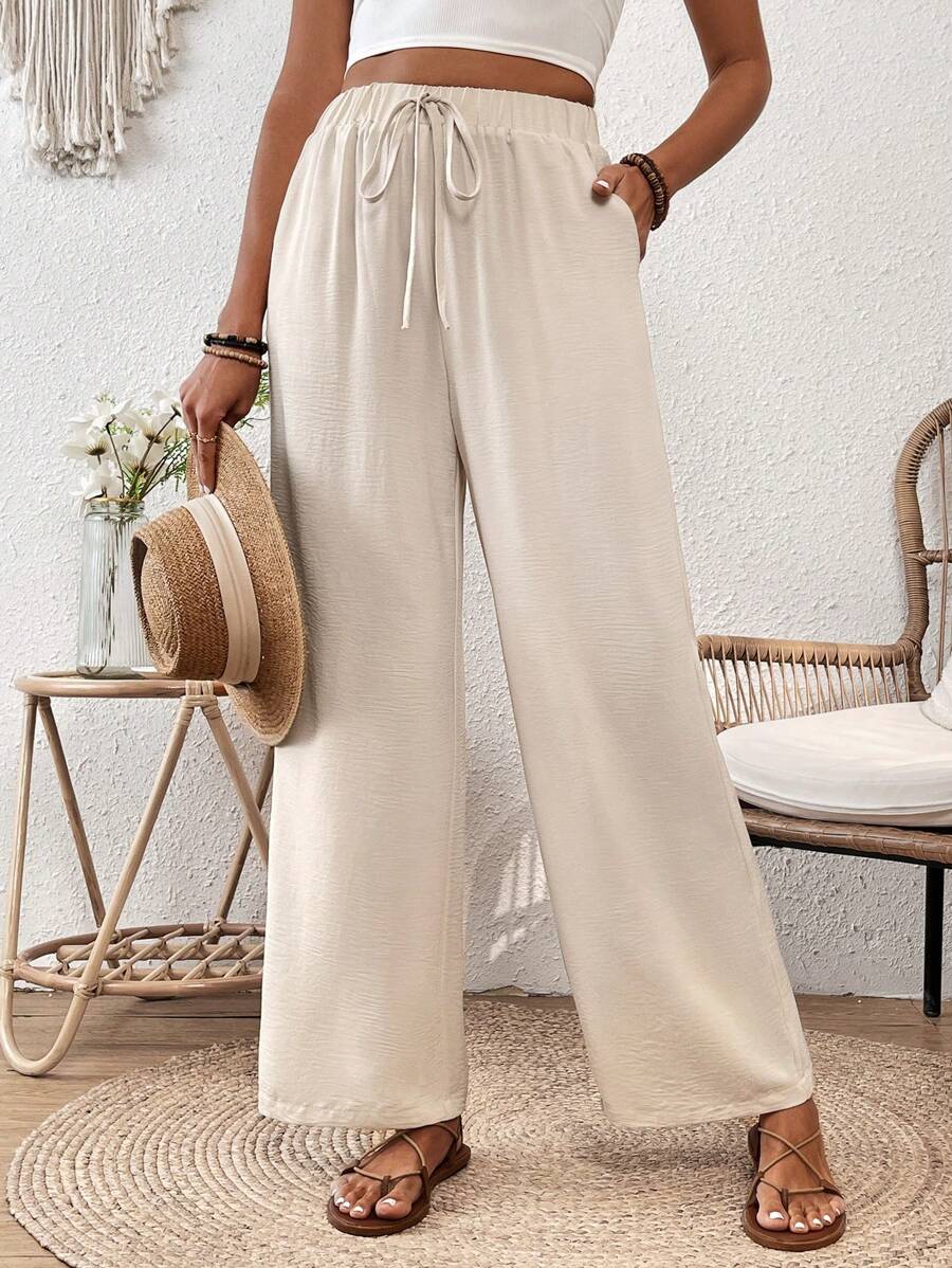 Breezaya Women's Loose Fit Straight Cut Wrinkled Texture Elastic Waist Drawstring Spring And Summer Pants Fall Cloth For Women - Apricot - View 1