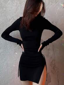Solid Drawstring Side Split Hem Dress Party Casual - Black - View 1